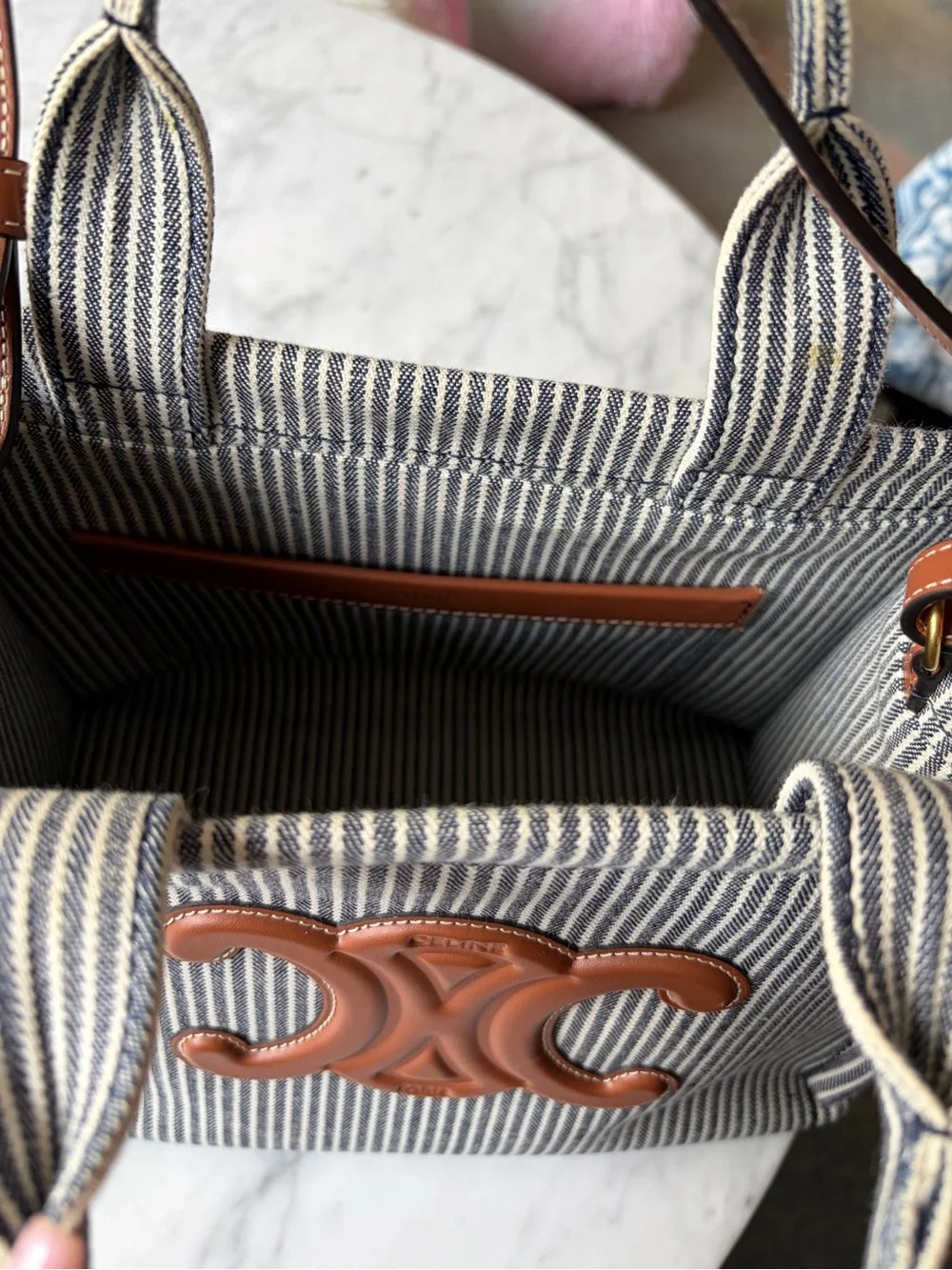 Celine Striped Canvas Calfskin Triomphe Tote in Navy and Brown